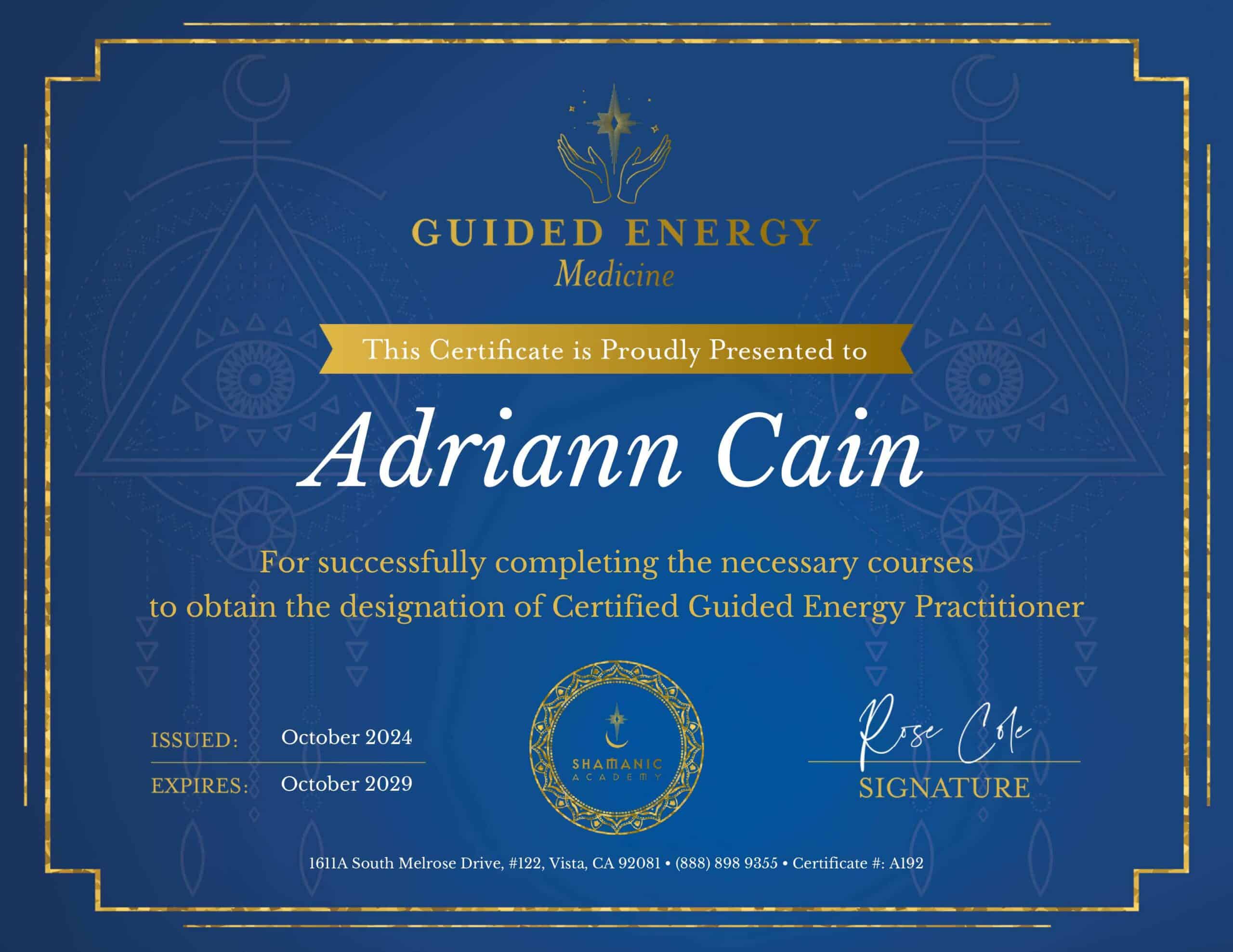 Cetificate of Guided Energy Medicine